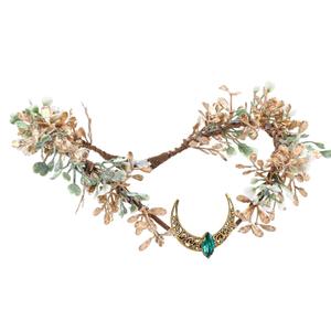 MOSTORY Gold Flower Moon Headpiece - Handmade Fairy Floral Crown Woodland Elf Headband Forest Circlet for Princess Renaissance Fair Halloween Party Wedding Cosplay