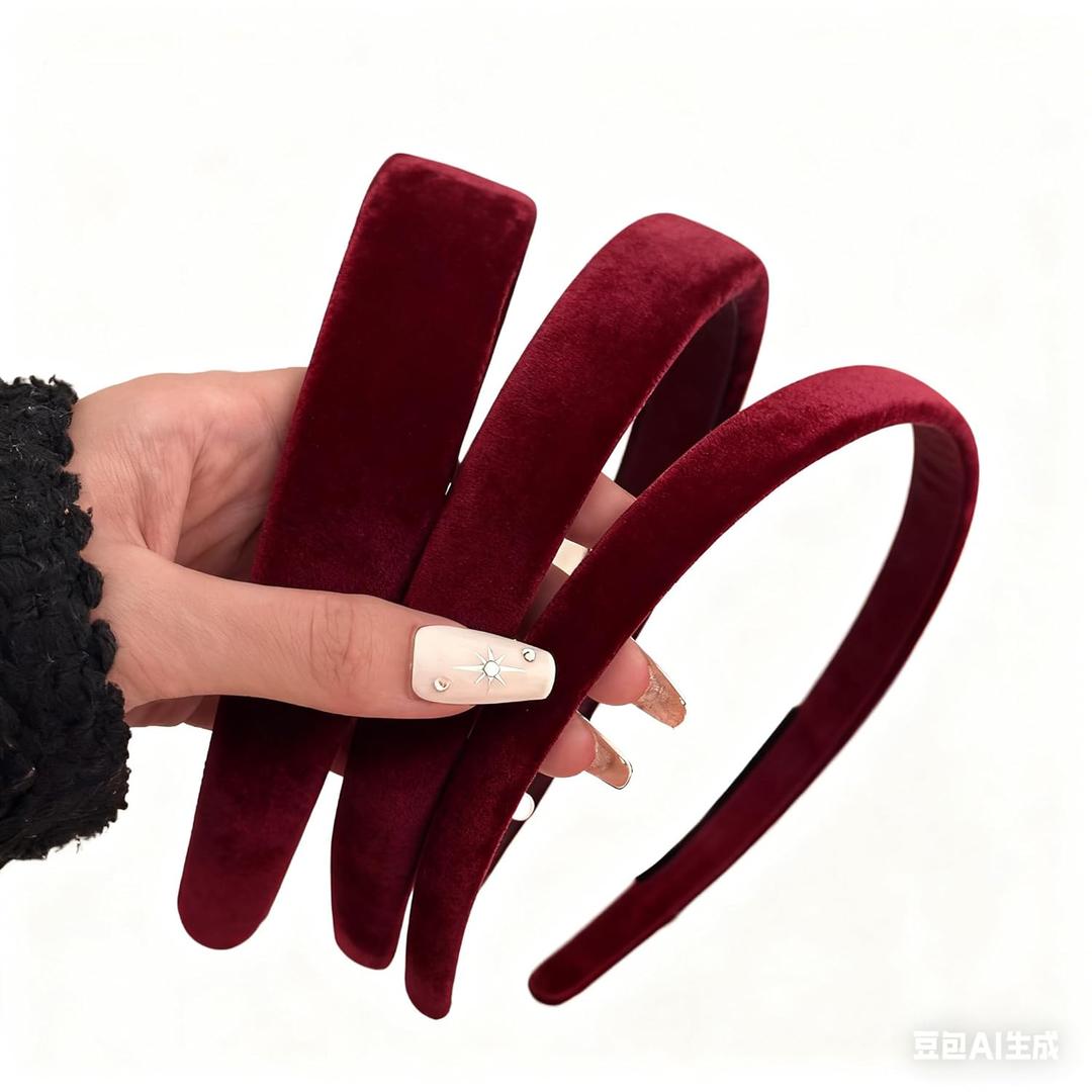 3Pcs Velvet Wide Headbands for Women Girls, Fashion Non Slip Solid Hair Bands Cosplay Halloween Hair Accessories (Wine Red)