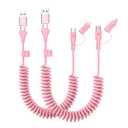 Pink Car Charging CarPlay Cable Coiled USB-C Lightning Cable 4 in 1 Retractable Multi Charging Cord 60W Cute Car Accessories for iPhone 17/16/15/14/13/12/11/iPad/AirPods/MacBook Tidy Charger Cord
