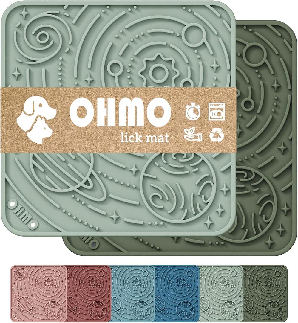 OHMO Lick Mat for Dogs and Cats(Small, Camo&Light Green, 2pcs) Enrichment Accessories Toy Space Star Easy Clean Pet Slow Feeder/Suction Cups, Licking Pad for Anxiety Relief and Boredom Reduction 5.9"L x 5.9"W
