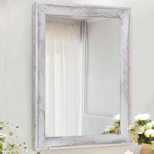 AAZZKANG Mirrors for Wall Rustic Wood Framed Hanging Mirror 28"x20" Decorative for Farmhouse Bedroom Bathroom Living Room Entryway Hallway White