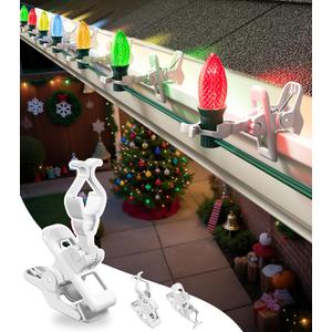 C7 C9 Christmas Lights Clips, 25 Count Holiday Lights Quick Spring Clips, Shatterproof Shingle and Gutter Clips for E12, E17 Socket, Rope Lights Roofline Fence Railing Mantel Christmas Trees, White