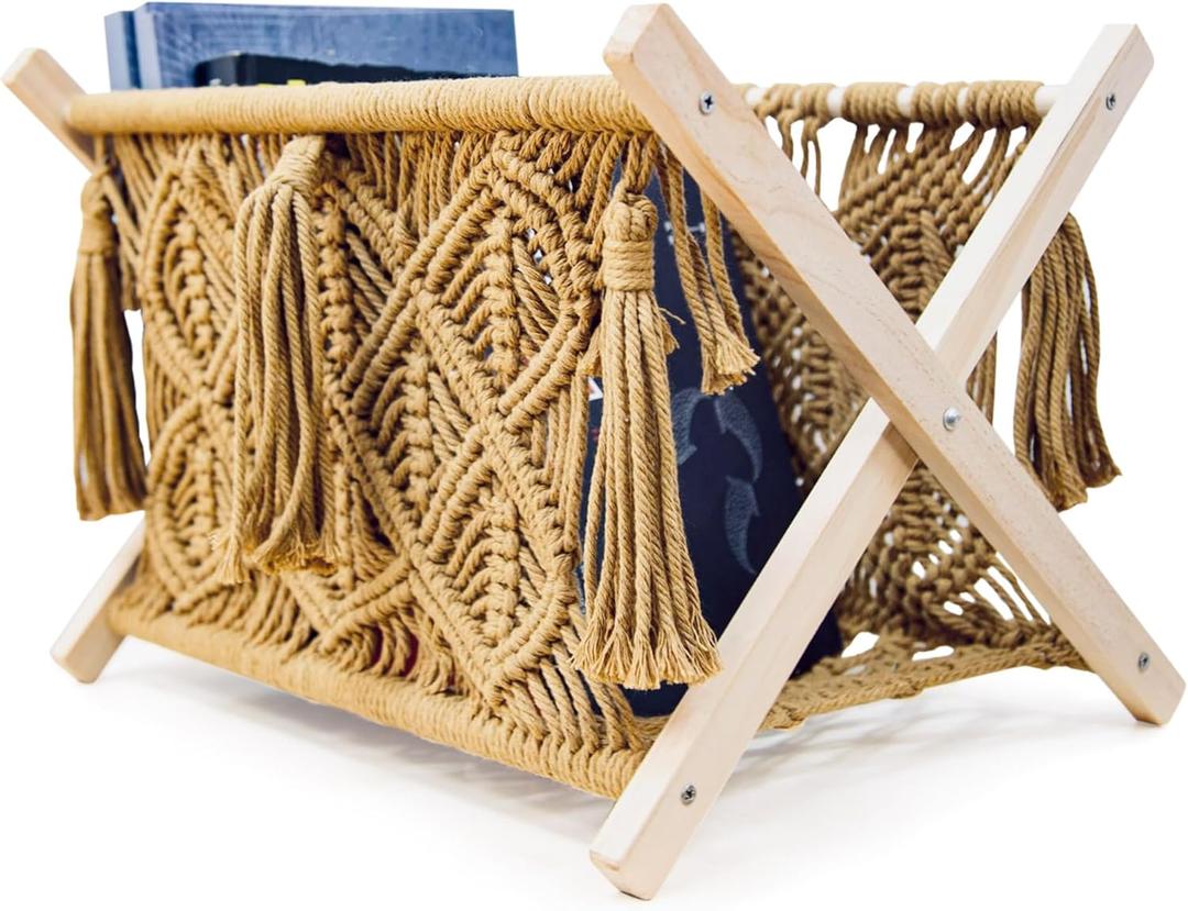 Macrame Magazine Rack - Boho Home Decor Storage Holder - Standing Basket, Standard Large Size, 14.17"×10.2"×10.2 (Latte Tassels)