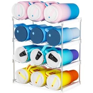 Yieach 4 Tier Stackable Water Bottle Organizer for Kitchen Cabinets,Countertop,Large Compartment Water Bottle Storage Rack for 40oz Yeti,Stanley Cup,Waterbottle and Other Tumbler Organizer,Wine Rack (Pack of 4 - Hold 12 Bottles, Clear)