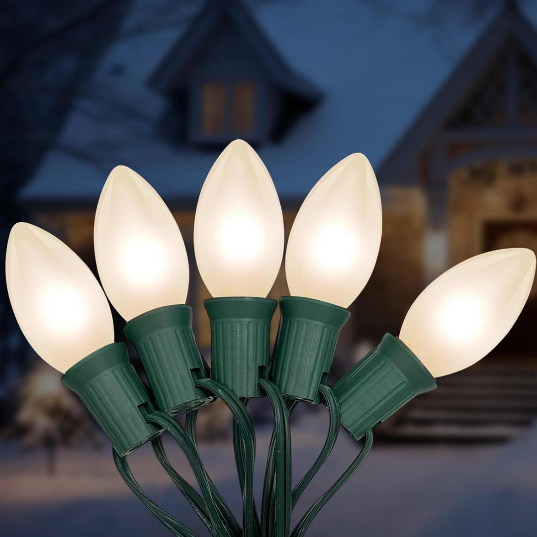 C9 Christmas Lights, 25FT Christmas C9 String Lights with 26 Frosted White Bulbs, Hanging Christmas Decoration Light for Outdoor Patio Party Garden Yard-Green Wire