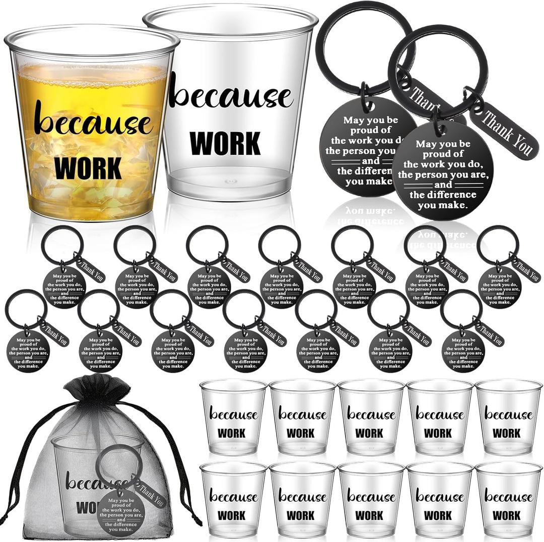Nuogo 24 Set Employee Appreciation Gifts Bulk for Coworkers 2.87 oz Because Work Shot Glasses with Thank You Keychains Organza Bags for Team Coworker Employee Staff Office Women Men