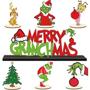 7 Pieces Christmas Table Decorations Signs Christmas Wooden Centerpiece Signs Merry Christmas Table Sign Xmas Theme Wooden Table Toppers for Christmas Holidays Party Supplies (Green Christmas -1)