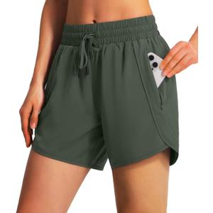 Ksmien Women's 5"/ 7" Athletic Running Shorts Quick Dry Lightweight Workout Gym Shorts with Zipper Pockets UPF 50+ (Olive Green), S