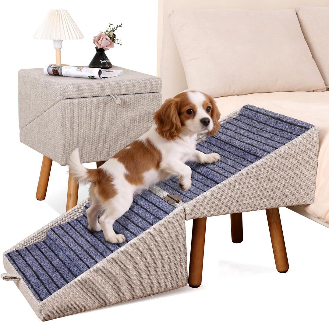 Dog ramp for Small Dogs, 2-in-1 Pet Steps & Ottoman - Foldable Dog ramp for Couch, Non-Slip Wooden Pet ramp for Puppy Senior Injured Dogs Light Beige, XXL(21.06H)