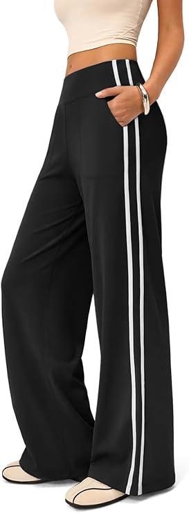 Wide Leg Track Pants Women, High Waisted Loose Yoga Sweatpants with Pockets, Contrast Trim Workout Trousers, Medium