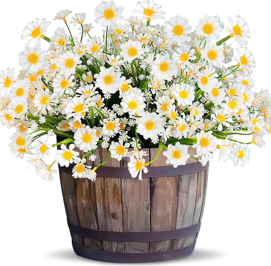 8 Bundles Artificial Daisy Flowers for Outdoors Summer Decor, UV Resistant Faux Cemetery Flowers Plastic Greenery Shrub Fake Artificial Plants Outside Home Gardens Porch Planter Indoor Yards(White)