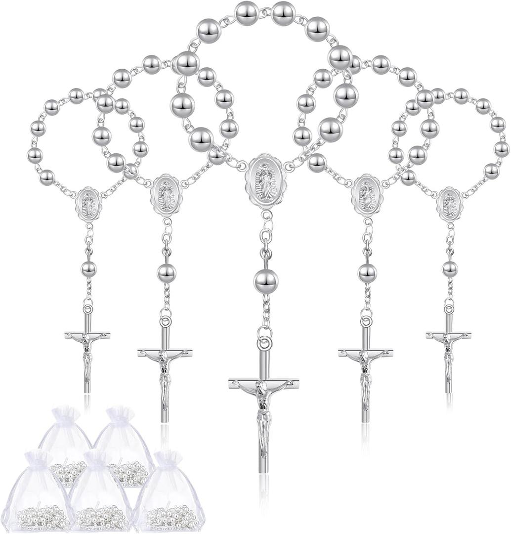 Sasylvia 60 Pcs Baptism Favors Set 30 Pcs Plated Mini Rosary Baptism Rosary Beads Catholic Finger Rosaries and 30 Pcs Organza Bags for Christening Gift First Communion Wedding Party Favor (Silver)