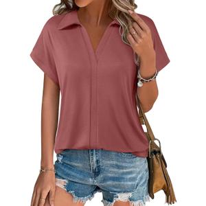 Vivilli Women's Short Sleeve Tops and Blouses Business Casual Collared Tunic Shirt (Red, XXL)
