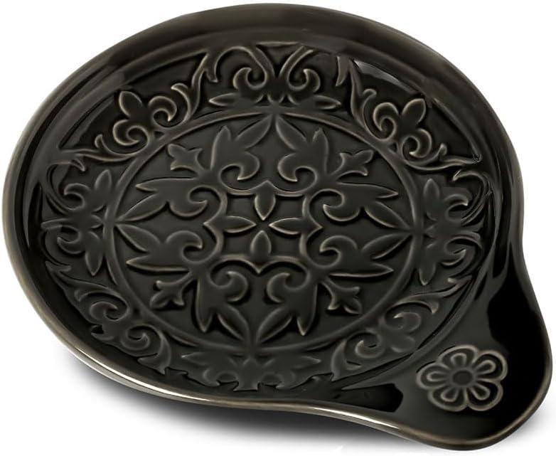 Farmhouse Ceramic Spoon Rests Holder for Kitchen Counter Stove Top (Black-A4)