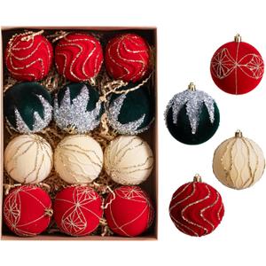 12 Pcs Velvet Christmas Ornaments 3.15-Inch Bulk Flocked Xmas Tree Bulbs Ornaments, Plastic Hanging Velvet Chritmas Balls Decorations for Xmas Tree Holiday Wedding Party, Assorted Colors
