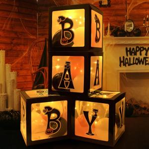 Baby first Halloween Decorations Balloons Boxes 4 Pcs Letter Blocks Transparent Box with 4 LED Light Strings - Halloween Baby Shower Party Supplies Decoration - A Baby Is Brewing Party Supplies