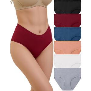 6 Pack Womens Underwear Ribbed High Waisted Cotton Briefs Full Coverage Cheeky Soft Ladies Panties Breathable (XL)