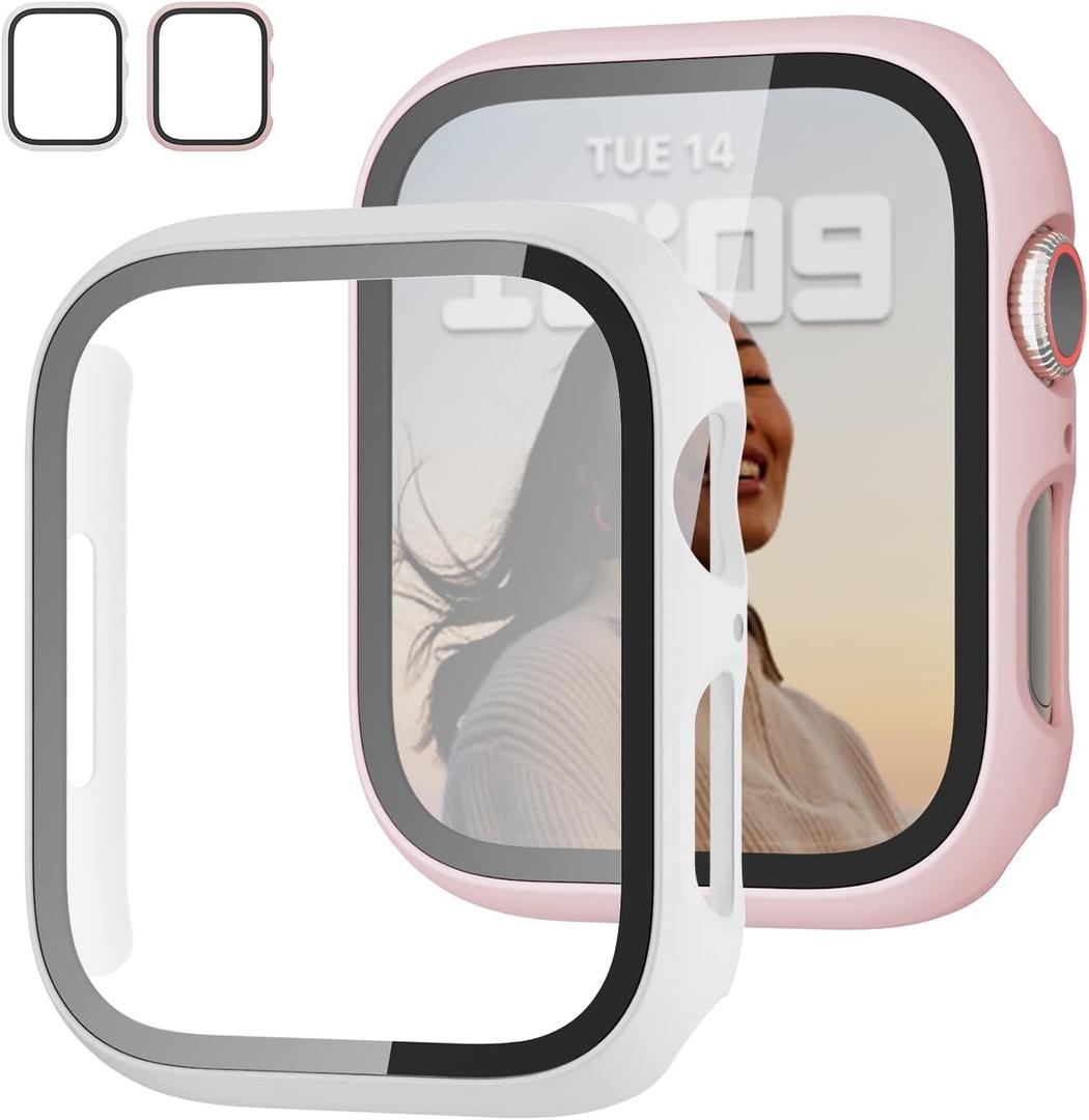 2 Pack Case with Tempered Glass Screen Protector for Apple Watch Series 6/5/4/SE 44mm,JZK Slim Guard Bumper Full Coverage Hard PC Protective Cover HD Ultra-Thin Cover for iWatch 44mm,Pink+White