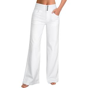 roswear Women's Wide Leg Jeans Casual High Waisted Stretch Baggy Loose Denim Pants (White, M)