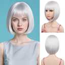 Silver Bob Wig with Flat Bangs Short 12 Inch Wigs Include Wig Cap Heat Resistant Synthetic Fiber Colorful Wigs for Halloween Costume Party Use (Silver)