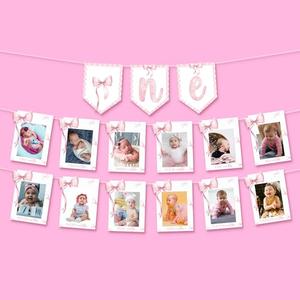 KatchOn, Pink Bow One Birthday Photo Banner - 2 Strings, 10 Feet | Pre Strung 1-12 Month Photo Banner for 1st Birthday Decorations | Bow Party Decorations