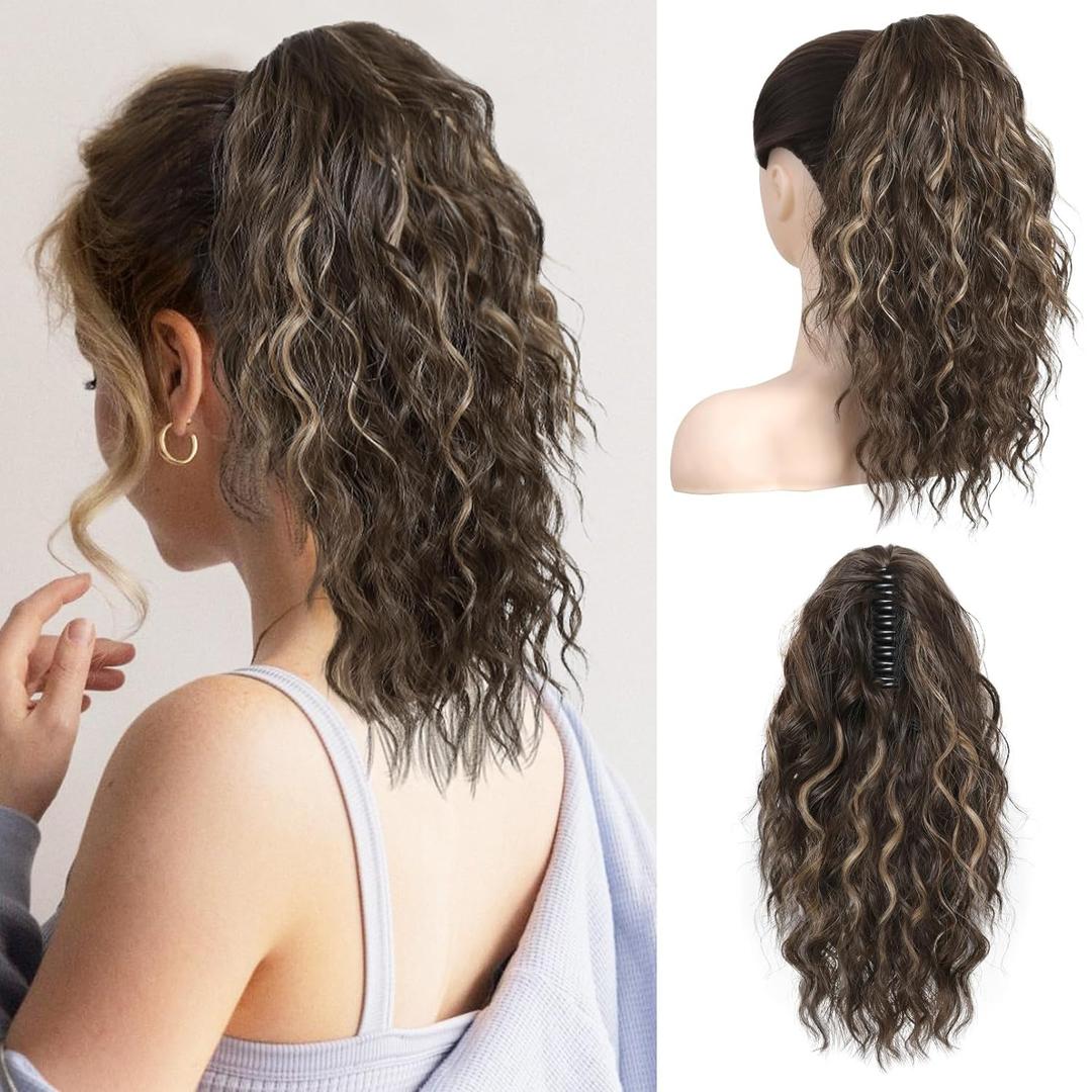 REECHO 14" Highlight Ponytail Extension, Short Claw Clip on Ponytail Extension Fake Pony Tails Wavy Curly Clip in Hair Extensions Synthetic Hairpiece HP002 - Chocolate Brown with Blonde Highlights