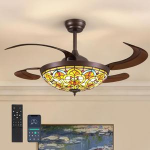 48" Tiffany Ceiling Fans with Lights Tiffany Vintage Fandelier Vintage Chandelier Fan Stained Glass Ceiling Fan Retractable Blades for Living Room Dining Room