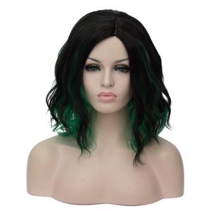 BERON 14" Women Girls Short Curly Bob Wavy Wig Synthetic Heat Resistant with Wig Cap (Black Mixed Green)