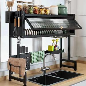 ASIEIT Dish Drying Rack, 3-Tier Over Sink Dish Drying Rack, 33.5" Over Sink Dish Rack for Small Kitchen, Space-Saving Dish Rack with Cover, Baskets, Utensil, Large Sink Storage Organizer Black
