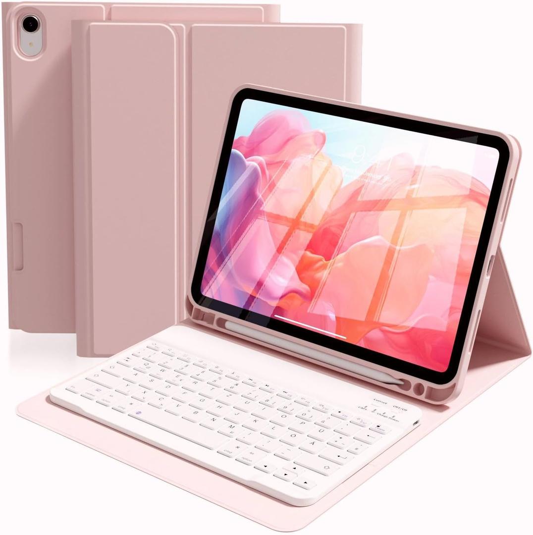 Case with Keyboard for iPad (A16) 11th Generation 11 Inch/10th Generation 10.9 Inch (2025/2022) with Pencil Holder, Detachable Magnetic Keyboard, Shockproof Cover, Auto Wake/Sleep, Pink
