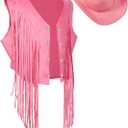 Yaomiao 70s Hippie Womens Fringe Vest Western Felt Cowgirl Hat Cowgirl Costume Rivets Sleeveless Faux Suede Tassels Jacket (Pink, M)