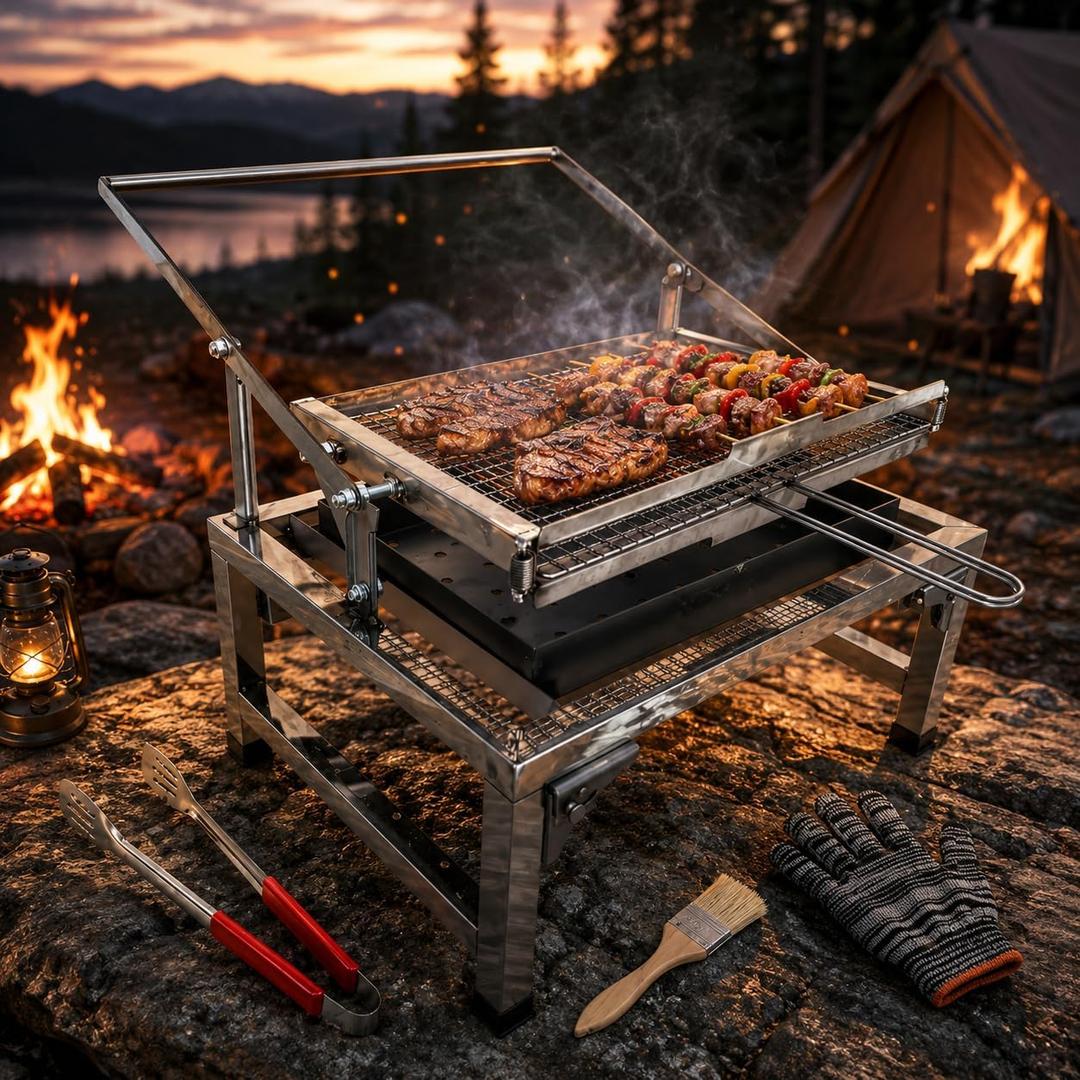 Flip BBQ Grill, Portable 180° Rotating Charcoal Outdoor Stove, Detachable Stainless Steel Rotating Grill with Gloves, Tongs & Brush, Large Capacity Net for Picnic & Camping (27in)