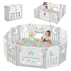 Baby Playpen, Dripex Foldable Playpen for Babies and Toddlers, Custom Shape Baby Fence, Safety Play Yard with Gate, Portable Play Area for Indoor or Outdoor, Light Grey White,14 Panel
