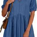 Dokotoo Denim Dress for Women Short Puff Sleeve V Neck Solid Babydoll Jean Dresses (Green, L)