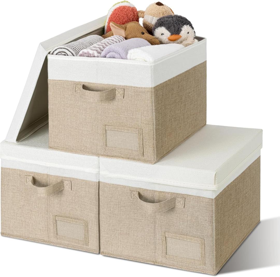 GRANNY SAYS Storage Bins with Lids, Linen Storage Bins for Shelves, Decorative Storage Boxes, Clothes Storage and Organization for Organizing, Pack of 3, Jumbo, Khaki & Ivory