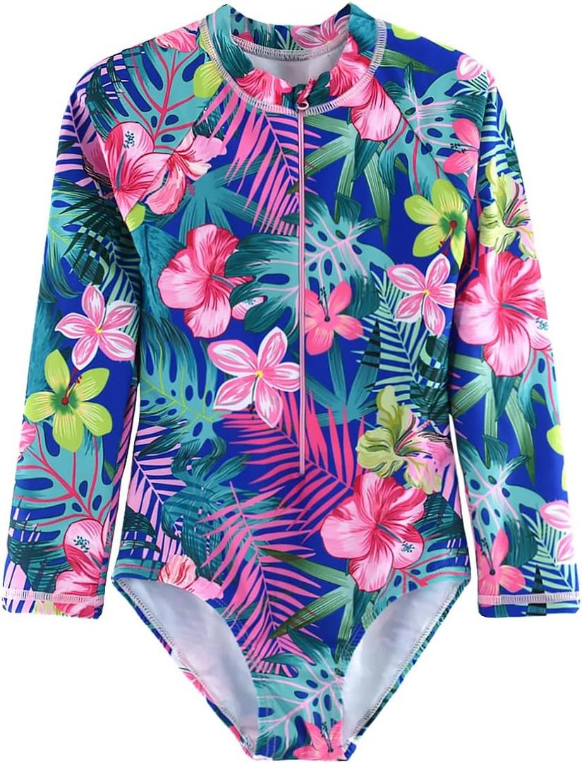 Girls Long Sleeve Swimsuit One Piece Bathing Suit Zipper UPF 50+ Rash Guard Swimwear Size 3-12T, 2XL