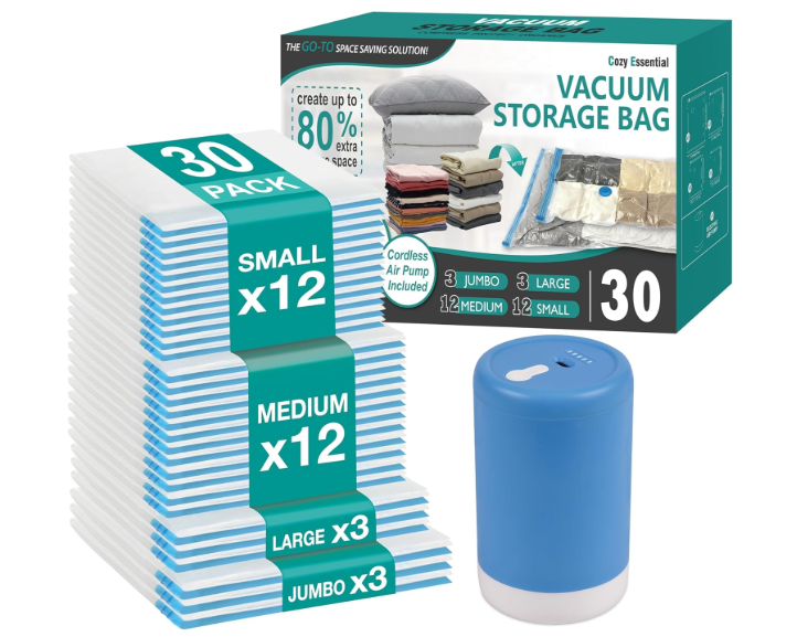 Cozy Essential Travel Vacuum Storage Bags with Rechargeable Cordless USB Pump, Space Saver Bags for Luggage, Suitcase, CarryOn, for Clothes, Blankets, Bedding & Seasonal Storage, 30 Combo