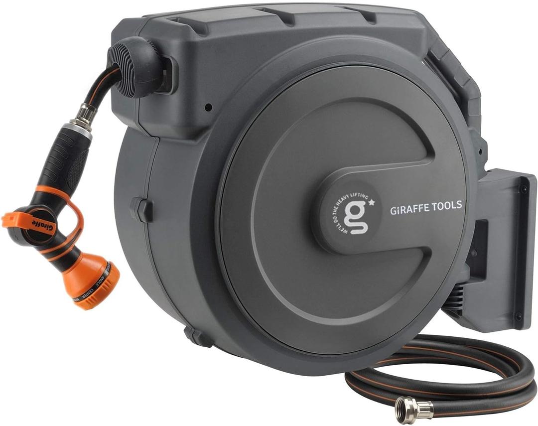 Giraffe Tools Retractable Garden Hose Reel 1/2 Inch x 130 ft, Super Heavy Duty, Any Length Lock, Slow Return System, Wall Mounted and 180 Deg Swivel Bracket