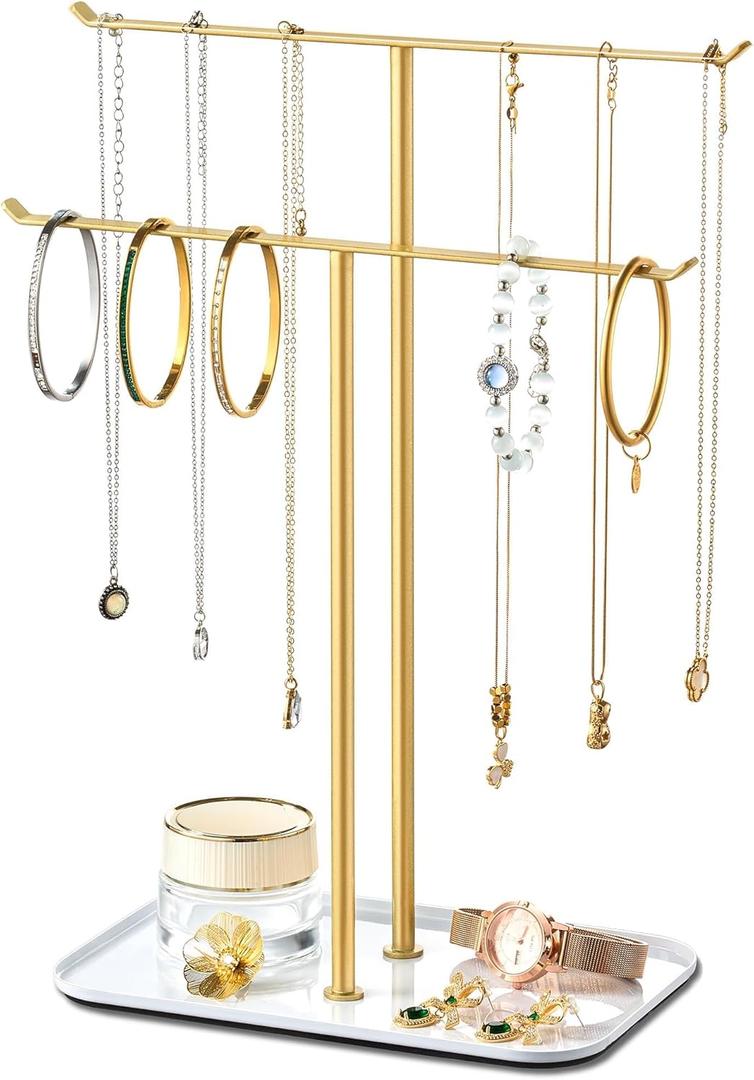 pickpiff Necklace Holder Jewelry Organizer Stand  2Tier TBar Jewelry Display Tree with Tray for Countertop Necklace Bracelet Earring Storage, Vanity Dresser Bathroom Sink, Gold