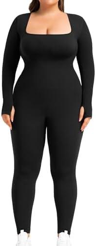 BLEVONH Women's Yoga Jumpsuits Ribbed Workout Rompers Square Neck Long Sleeve Bodysuits Full Length Plus size M