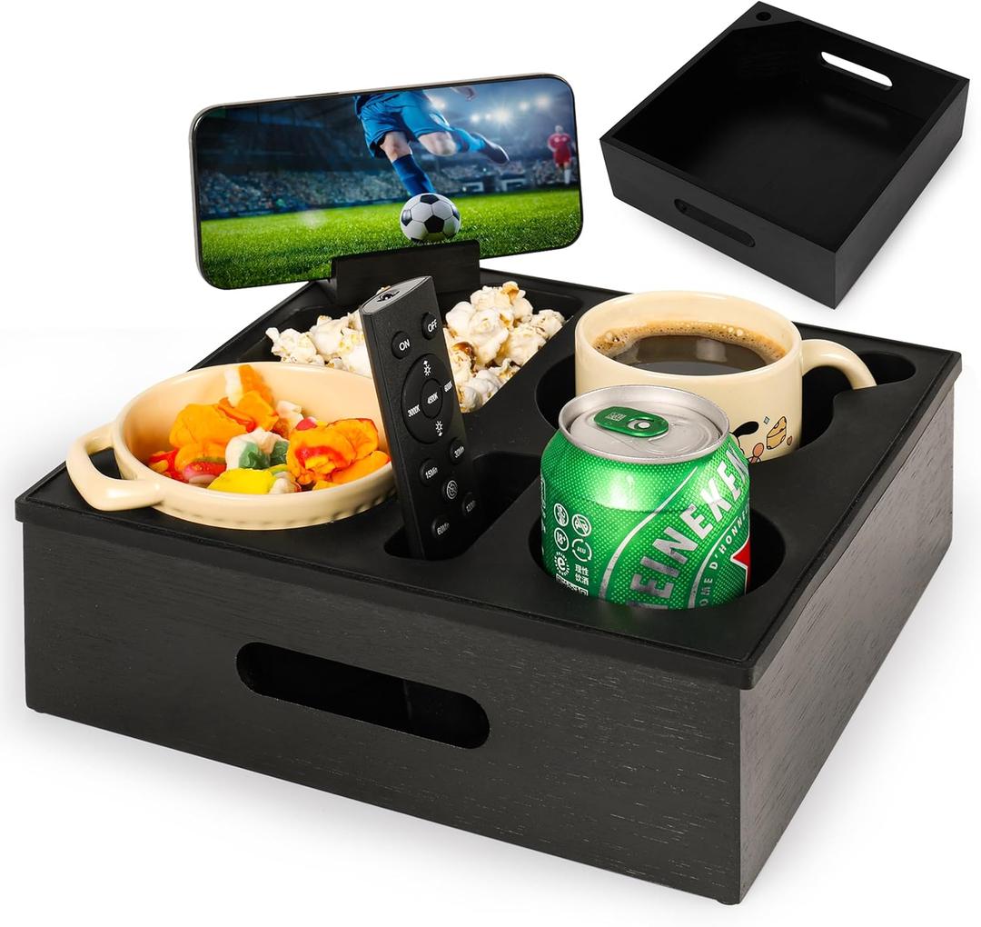 Couch Tray Table with Handles  Cup Holder for Couch  Bamboo Sofa Armrest Organizer for Snacks, Drinks & Remotes  Non-Slip Couch Caddy for Recliner, RV, Sofa or Bed