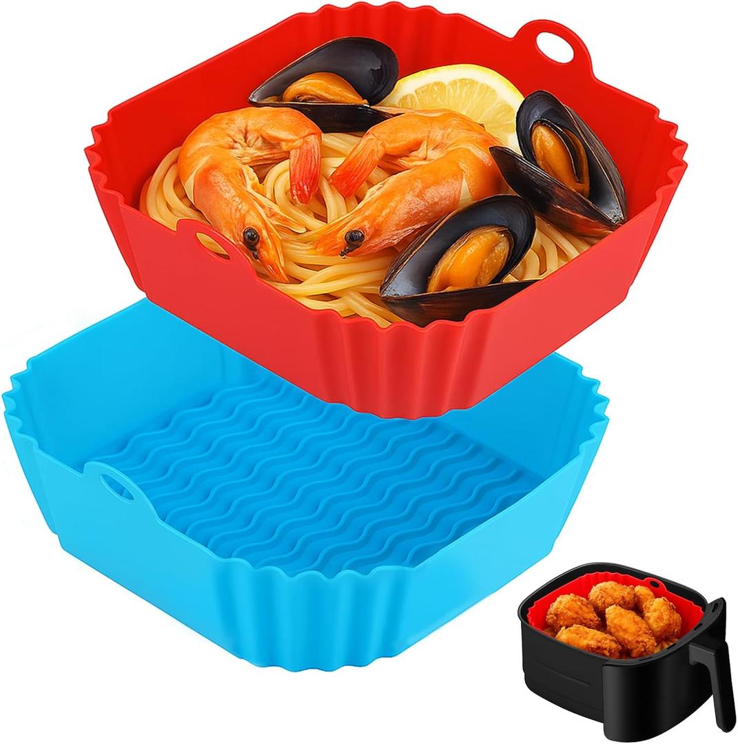 Boribim 9 Inch Large Air Fryer Silicone Liners - 2 PCS Square Reusable AirFryer Basket Liners for 5-8QT Air fryer, Air fryer Accessories for Baking Roasting Microwave (Red + Blue)