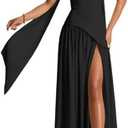 Women's Elegant Strapless High Slit Tube Dress Flowy Evening Wedding Guest Maxi Dresses with Scarf (Black, S)