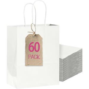 Bakepacker 60-Pack Medium Size Gift Paper Bags with Handles Bulk 10.6"x8.3"x4.3" White Party Shopping Bags