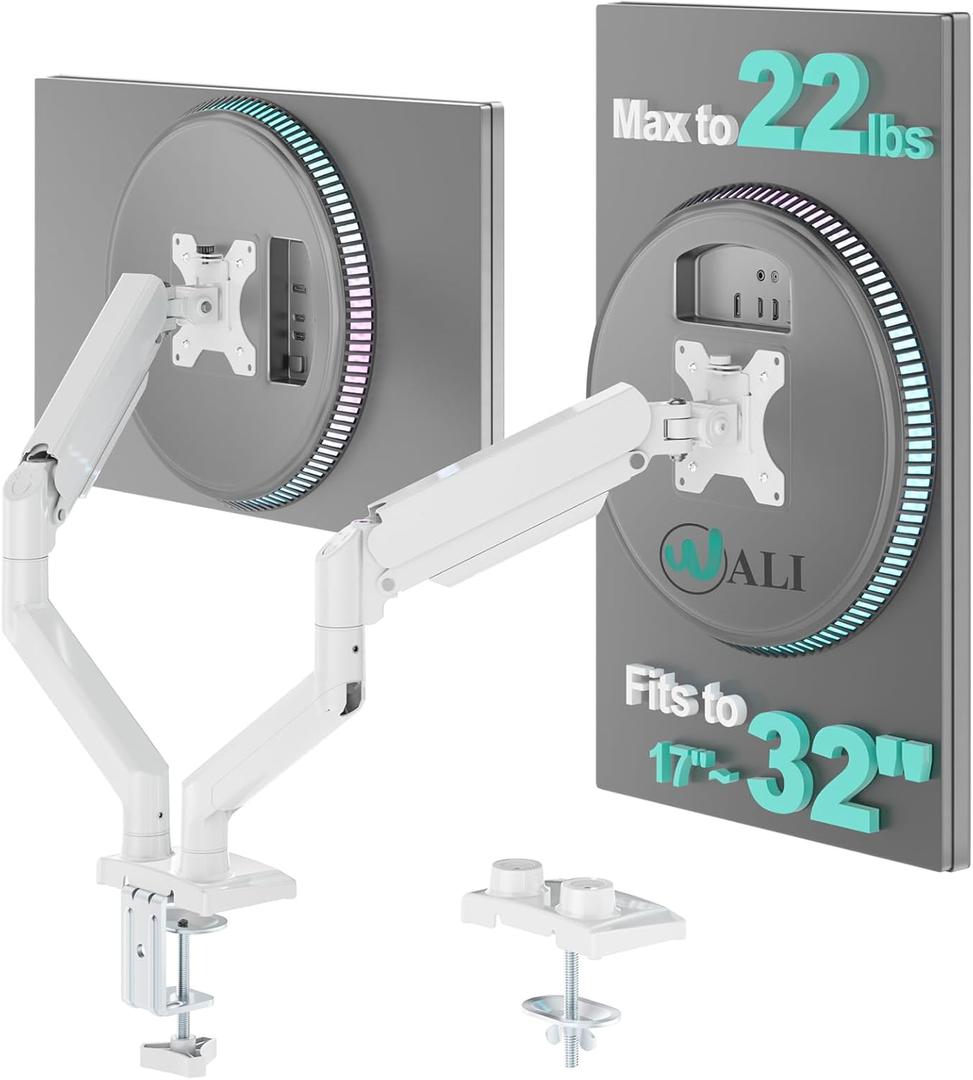 WALI Dual Monitor Stand, Adjustable Gas Spring Arm Monitor Mount for 2 Monitors up to 32 Inch,19.8lbs Capacity (GSMP002W), White by WALI