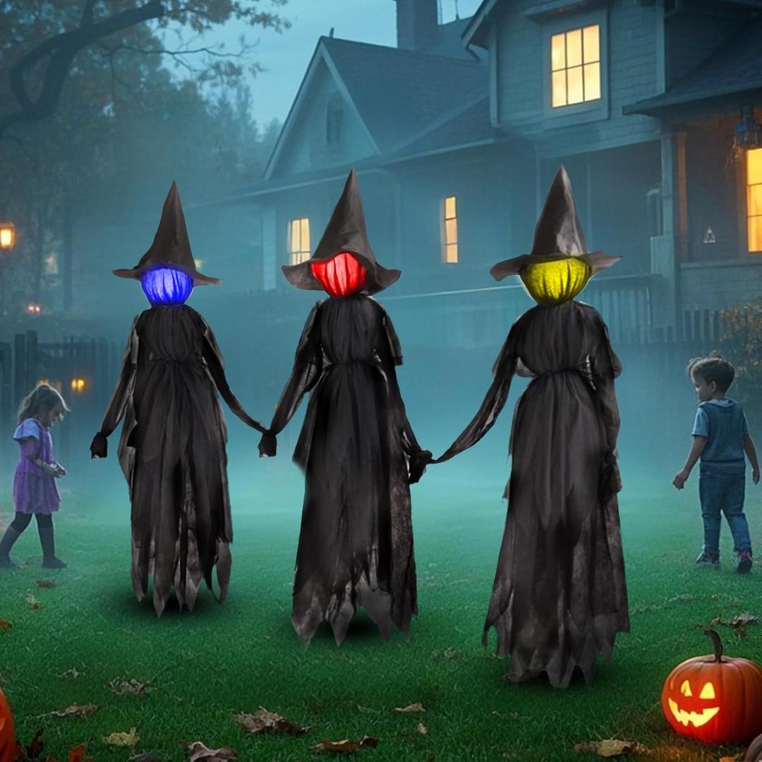 DR.DUDU 6 Ft Light up Witch Stakes Halloween Yard Decorations, Set of 3 Scary Witches with Multiple Colors LED Lights, Haunted House Props for Outdoor Garden Lawn Party Decor