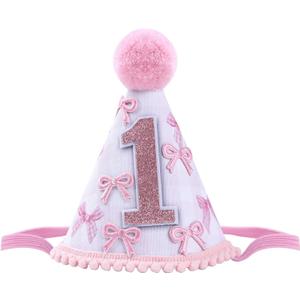 Pink Bow 1st Birthday Hat for Baby Girls - Coquete First Birthday Decorations, White Cone Hat Decor Supplies, Photo Prop
