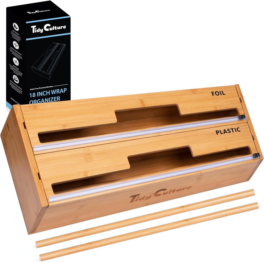 18 Inch Large Foil Wrap Dispenser with Cutter, 2 in 1 Aluminum Butcher Parchment Paper Freezer Tin Wax Cling Foil Plastic Wrap Organizer for Kitchen Drawer Bamboo Saran Storage Roll Holder