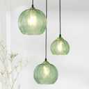 3-Light Glass Globe Light for Kitchen Island, Mid-Century Modern Pendant Ball Chandelier with Green Ribbed Lampshade, Vintage Hanging Ceiling Light Fixture for Dining Room, Over Sink, Table