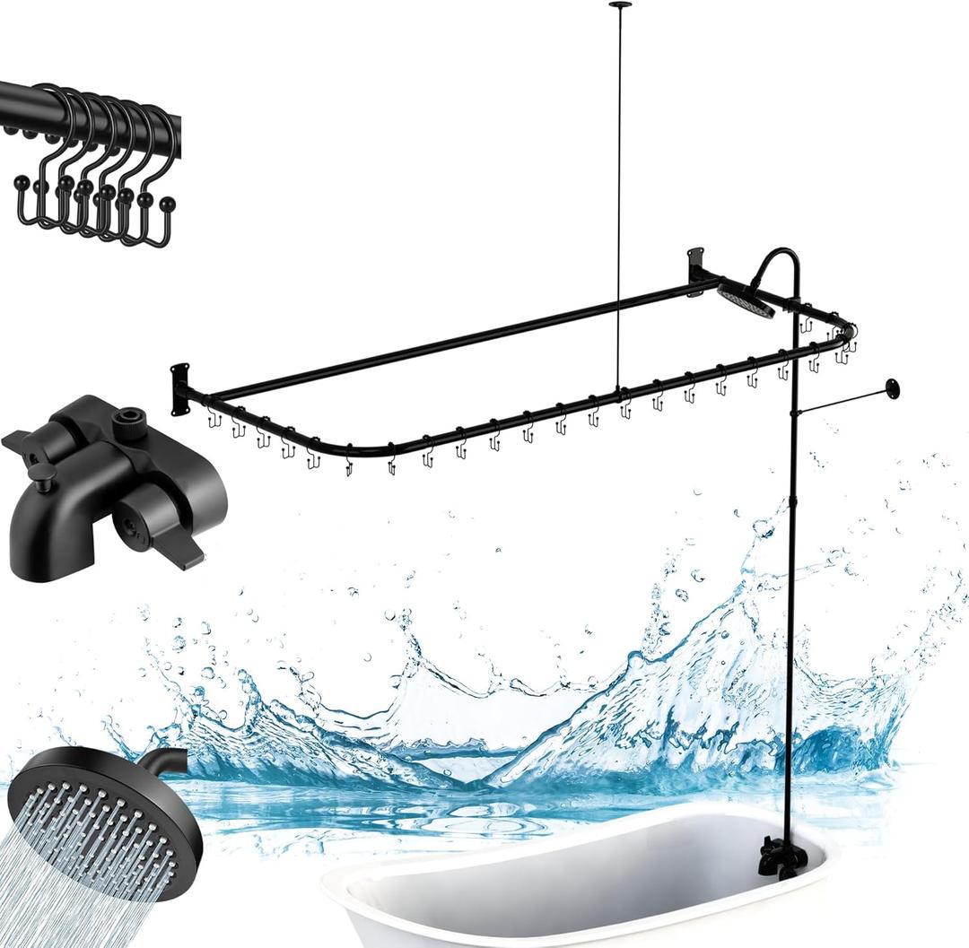 Clawfoot Tub Shower Kit,Add On Shower With Bathcock Diverter Faucet and 60" D Type Claw foot Tub Shower Curtain Rod Kit,D-Style Shower Rod and Clawfoot Tub Shower Faucet Set,Matte Black